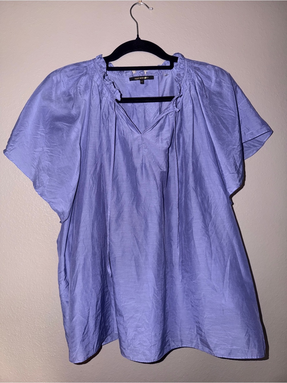 Kobi Halperin Silk Blouse XL Blue Ruffle Neck Tie Front Short Sleeve Top
